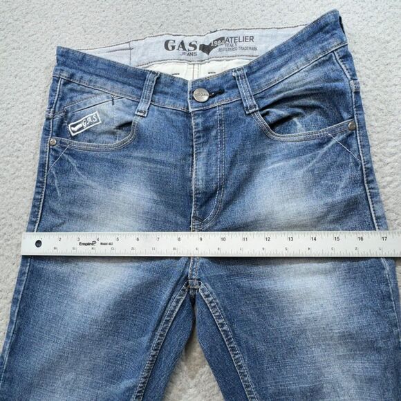 Gas Jeans Men 31x27 Blue Slim Faded Atelier Italian Design 1984 Whiskers Zip Fly - Picture 12 of 16